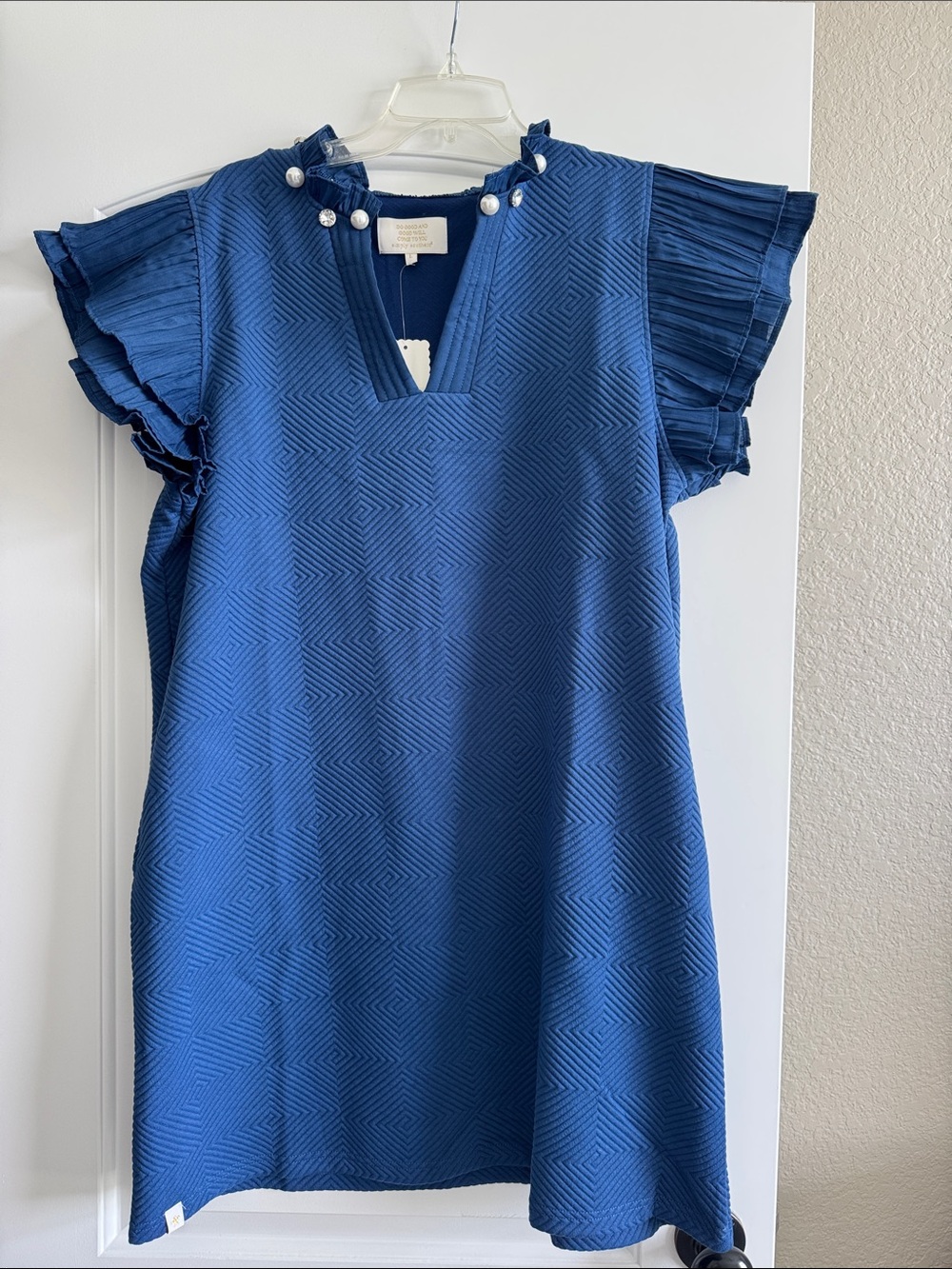 Simply Southern Blue Textured Ruffle Sleeve Dress with Pearl Neckline